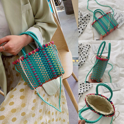 

Tailored Women Weave Beach Bags Shopping Basket Striped Hand Knitted Handbag Totes