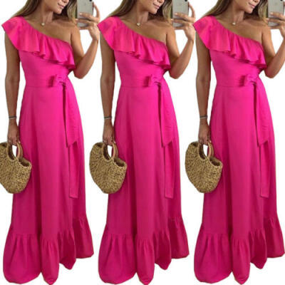 

Women One Shoulder Lace Up Frill Solid Evening Party Cocktail Long Dress Elegant