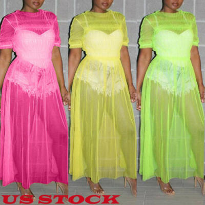 

US Sexy Women Mesh Sheer See Through Short Sleeve Bodycon Clubwear Long Dress