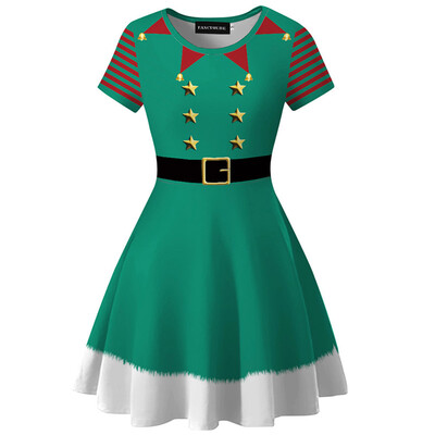

New Fashion Xmas Women Dress Graphic Printed Dress Short Sleeve Striped Dress Female Christmas Dress