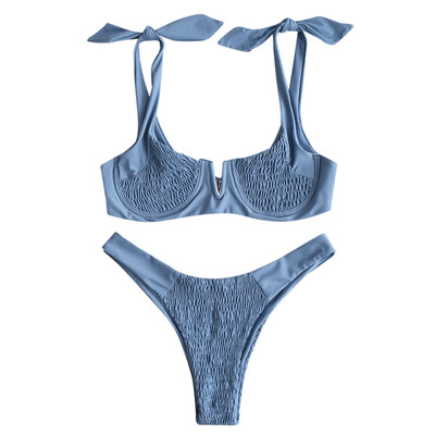 

Shirring Knotted Bikini Set Two-piece High Cut Women Swimsuit