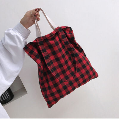 

NEW Women Bags Canvas Tote Shopping Handbag Ladies Casual Shoulder Bag Female Plaid Zipper Handbag Foldable Beach Shopper Bag