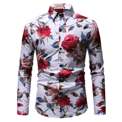 

Men\s Flower Print Shirt Lapel Long Sleeves