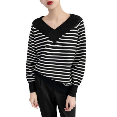 

Loose Women Knit Sweater Fashion Stripes Base Shirt Long Sleeves Tops