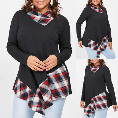 

Roseonmyhand Fashion Women Plus Size Plaid Print Color Block Asymmetric Patchwork Top Blouse