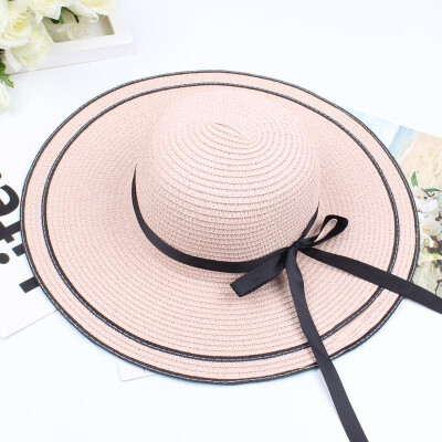 

Women Straw Hat Contrast Bowknot Color Block Large Wide Brim Foldable Floppy Casual Sun Summer Beach Cap