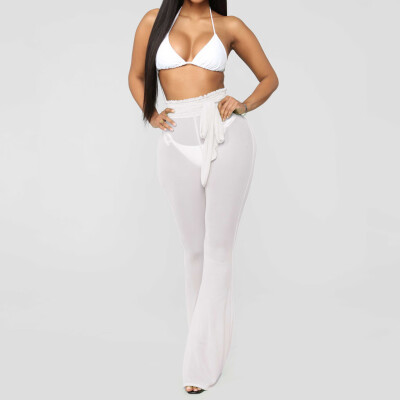 

Fashion Women Solid Mesh Perspective High Waist Bandage Casual Beach Long Pants