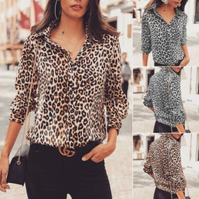 

Fashion Women Leopard V-neck Tops Long Sleeve Tunic Blouse Sexy Print Shirts