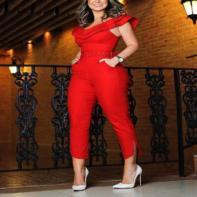 

2019 European&American fashion sexy solid color pants cross-border exclusive for explosive models Slim ruffled sleeveless jump