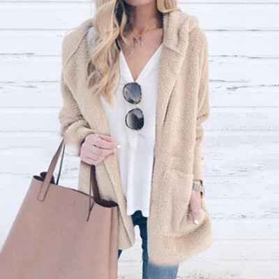 

Autumn Winter Women Fashion Casual Solid color Plush Hooded Long sleeve Cardigan coat