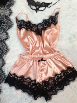 

2pcs Women Sexy Satin Lace Sleepwear Babydoll Lingerie Nightdress Pajamas Set