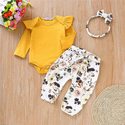 

3PCS Newborn Toddler Infant Kids Baby Girls Tops Romper Floral Pants Headband Cotton Outfits Set Clothes