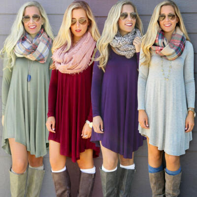 

Womens Lady Summer Long Sleeve Casual Loose Sundress Tops Mini T-shirt Dress