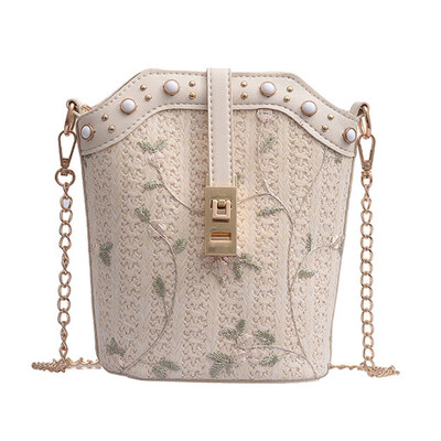 

Women Flower Embroidery Lace Faux Pearl Studded Crossbody Shoulder Bucket Bag