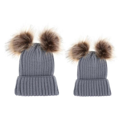 

2pcs Parent-offspring Cap Cute Baby Mom Pompon Winter Warm Knit HatGrey