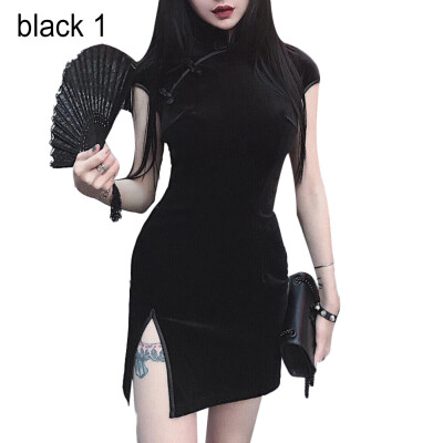 

Chinese Women Solid Color Velvet ShortLong Sleeve Bodycon Cheongsam Mini Dress