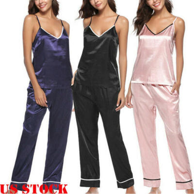 

2PCS Women Silk Satin Pajamas Set Pyjama Sleepwear Nightwear Loungewear Homewear