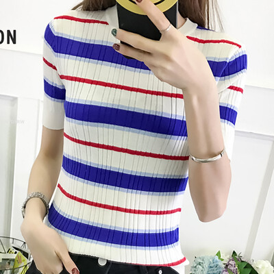 

Striped Knitted Women T Shirts Summer O-Neck Short Sleeve Tees Korean