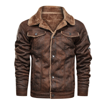 

Gobestart Mens Autumn Winter Vintage Turn-down Collar Solid Imitation Leather Coat