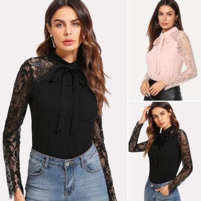 

Women Long Sleeve Formal Lace Crochet Hollow Blouse Elegant Tops Loose T-Shirt