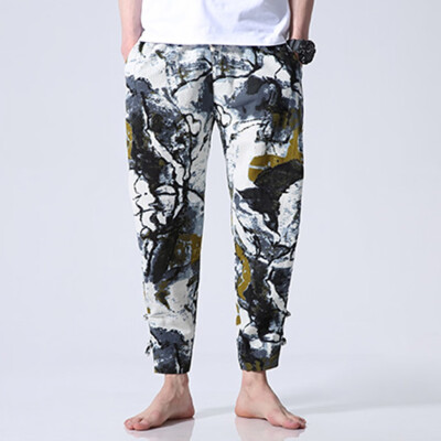 

Gobestart Mens New Style Fashion Ethnic Wind Printed Nine-Cent Pants Large Pants