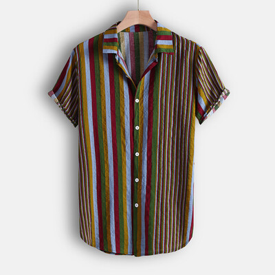 

Toponeto Fashion Mens Casual Button Hawaii Striped Print Beach Short Sleeve Top Blouse