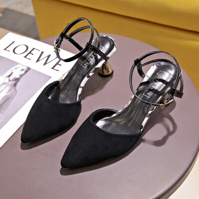 

Sandals fairy summer Korean version shallow mouth pointed a word buckle a hundred thick heel evening shoes