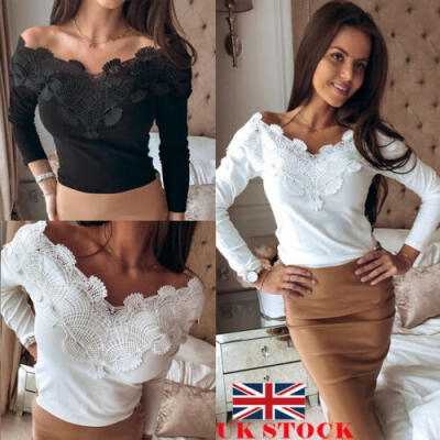 

UK Womens Sexy Casual Tops Off Shoulder Lace Slim Fit Long Sleeve Blouse Shirt