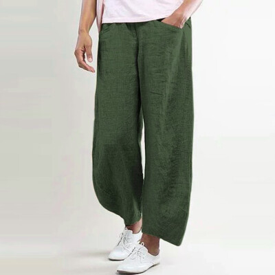 

Man Fashion Solid Color Cotton Flax Elastic Long Pants Beach Leisure Trousers