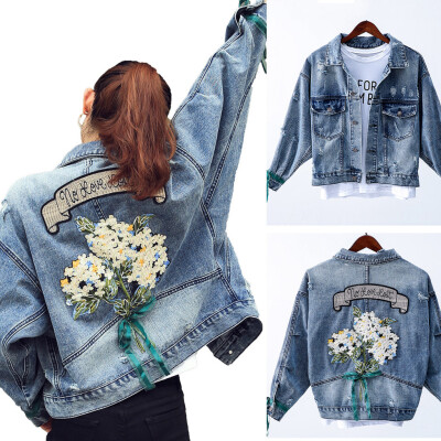 

Tailored Womens Denim Jacket Vintage Short Jeans Coat Outwear Casual Embroidery