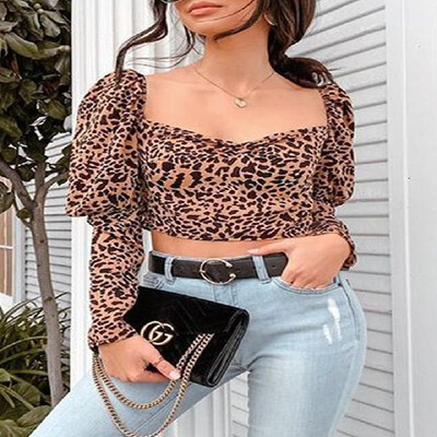 

V-neck Leopard Printed Leg-of-mutton Long Sleeves Backless Mini Crop Top