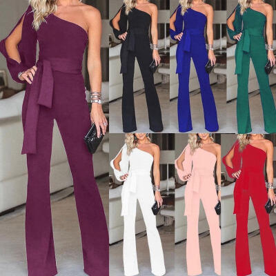 

Women Summer Sexy Solid Playsuit One-Shoulder High Waist Strap Long Trousers Jumpsuit