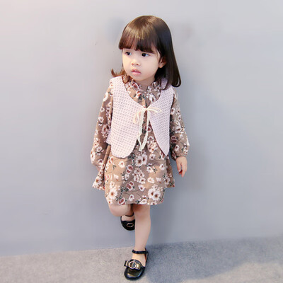 

AutumnSpring Flowers Printed Baby Girls Dress Sets Child Girls Dresses With Knitted Cotton Vest Princess Suits 2 pcs