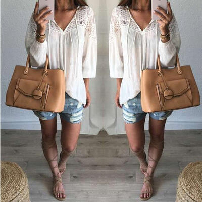 

Casual Womens Blouse Chiffon Long Sleeve Ladies Top T shirt Loose Short Tops