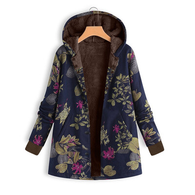 

Toponeto Womens Winter Warm Outwear Floral Print Hooded Pockets Vintage Oversize Coats