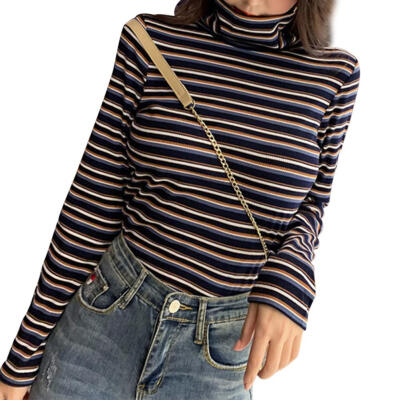 

Harajuku Striped Turtleneck Base T-shirt Women Long Sleeve Casual Tops