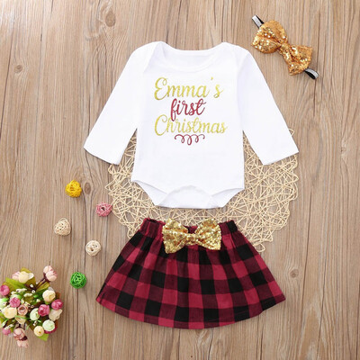 

Newborn Baby Girls Christmas Letter Print RomperBow skirtHeadbands Set Clothes