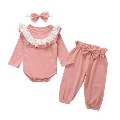 

Newborn Baby Girl 3PCS Clothes Lace Ruffle Tops Romper Solid Bow Pants Outfit US