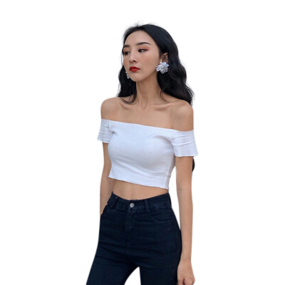 

Women T-shirt Solid Sexy Slash Neck Crop Top Tshirt Korean Casual Short Sleeve T Shirt camiseta mujer Women Clothes