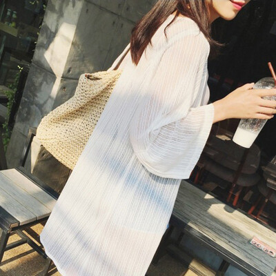 

Lace Perspective Sunscreen Chiffon Shawl Loose Style Solid Color Long Womens Thin Coat