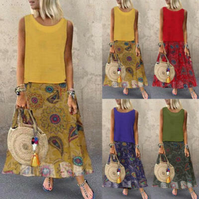 

Women Cotton Linen Boho Floral Casual Baggy Tunic Dress Summer Beach Sundress