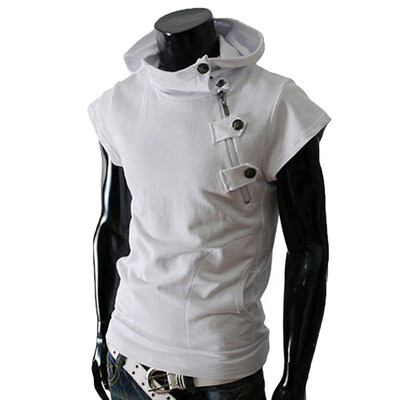 

Toponeto Summer Mens Fashion Casual Solid Color Button Zipper Hood Short Sleeve Blouse