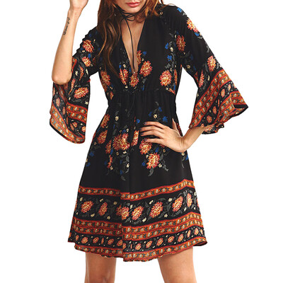

Long Sleeve Deep V A Line Floral Dress