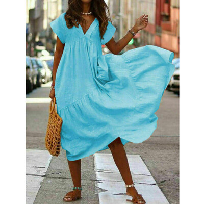 

Women Boho Cotton Linen Tunic Short Sleeve Maxi Dress Gypsy Casual Loose Shirt Kaftan Sundress