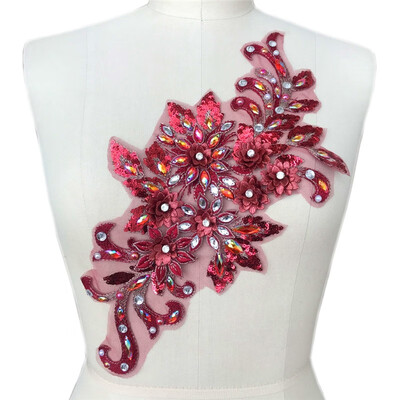 

Rhinestone Lace Dark Red Beaded Applique with Sequins DIY Fabric Trim for Clothes Accessories Hardware Exquisite 3D