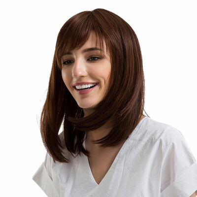 

〖Follure〗Ladies Human Hair Brown Wigs With Bangs StraightCurly Middle Length Wave Wigs