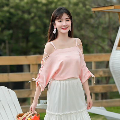 

Summer Women Lace Cold Shoulder Half Sleeve Hollow Out Lace Up Knitted Loose Pullover Top T-Shirt