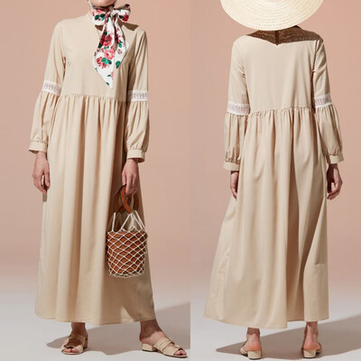 

Tailored Fashion Women Casual Linen Solid Linen Lace Patchwork Long Sleeve Loose Dress