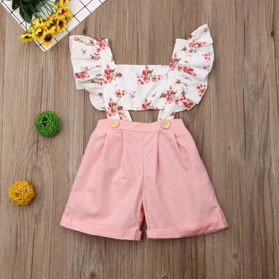 

Toddler Girl Clothes Flower Flutter Sleeves Backless Button Romper Pant Top&Short Stitching Cute Baby Girl Clothes 1-6T