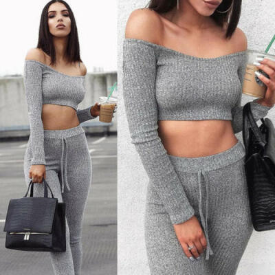 

Womens New Off the Shoulder Knitted Tracksuit Ladies Knitted Loungewear Top Set